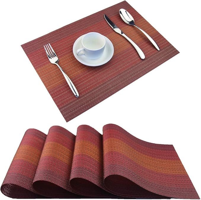 Placemats Washable Easy to Clean PVC Placemat for Kitchen Table Heat-resistand Woven Vinyl Hard Table Mats 12x18 inches Set of 4 (Red)