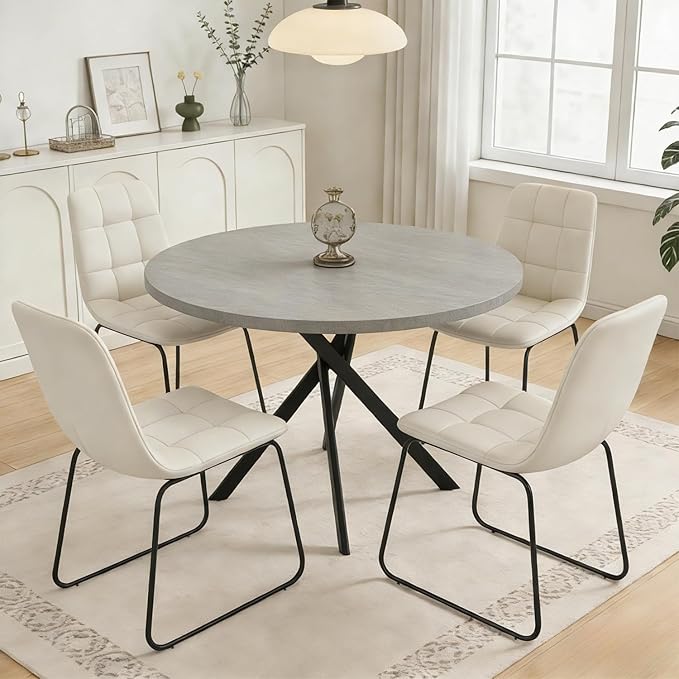 44" Round Dining Table with Cozy Chair Set for 4, Modern Mid-Century Dining Table Set of 4, Dinette Sets with Metal Leg for Kitchen Dining Room Apartment(Gray Table + Beige Chairs)