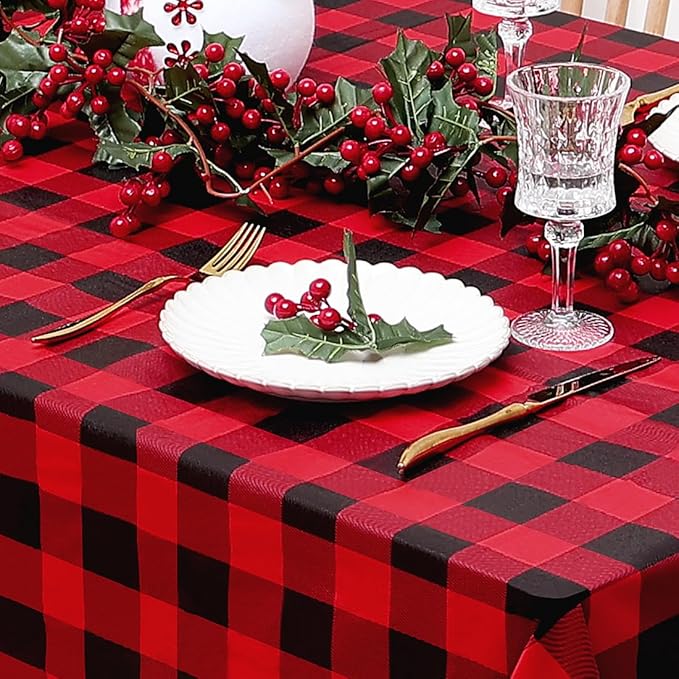 misaya Rectangle Waterproof Vinyl Table Cloth, Buffalo Flannel Backed Tablecloth, Wipeable Plastic Table Cover for Christmas (60" x 84", Red and Black)