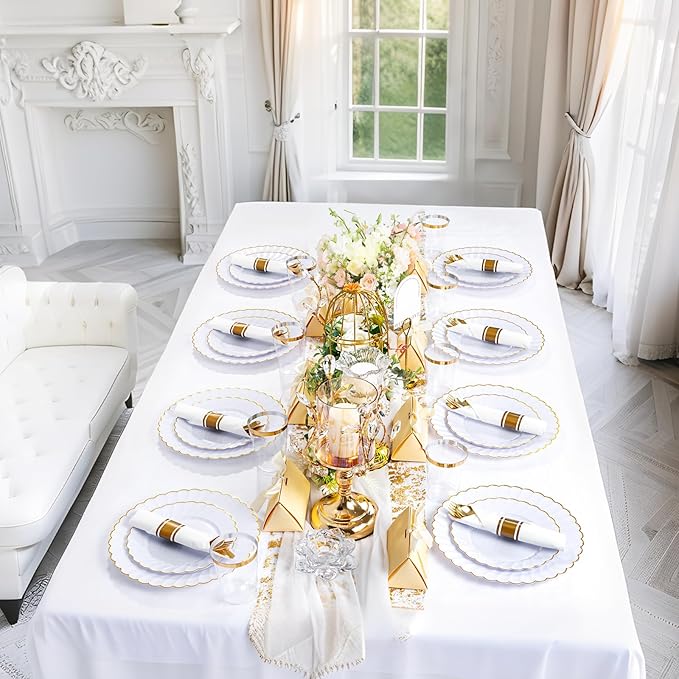 YOUBET 350PCS Gold Scalloped Plastic Plates - White and Gold Disposable Dinnerware Set Include 100 Plates, 150 Gold Silverware, 50 Cups, 50 Napkins for Wedding Party