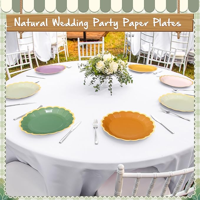 96 Pcs Nature Wedding Paper Plates 9 Inch Sage Green Purple Scalloped Paper Disposable Dinner Dessert Plates for Birthday Wedding Bridal Party Supplies, 6 Colors