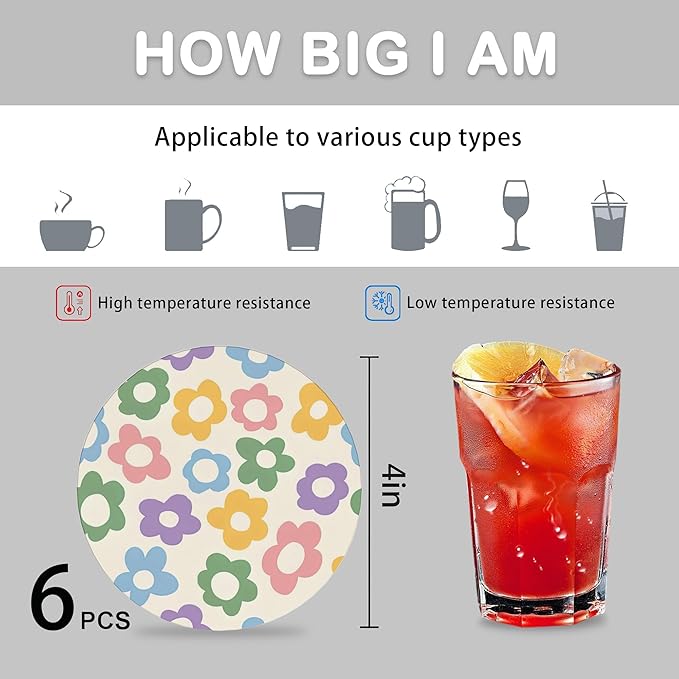 Drink Coasters for Drinks Set of 6, Vintage Groovy Flowers Absorbent Round Ceramic Stone Mat Coaster, with Cork Base and Metal Holder, Home Bar Decor House Warming Gift