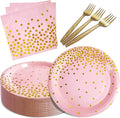 Pink and Gold Party Supplies,Serves 35 Guests Pink Paper Plates and Napkins,Disposable Party Paper Plates for Birthday Wedding