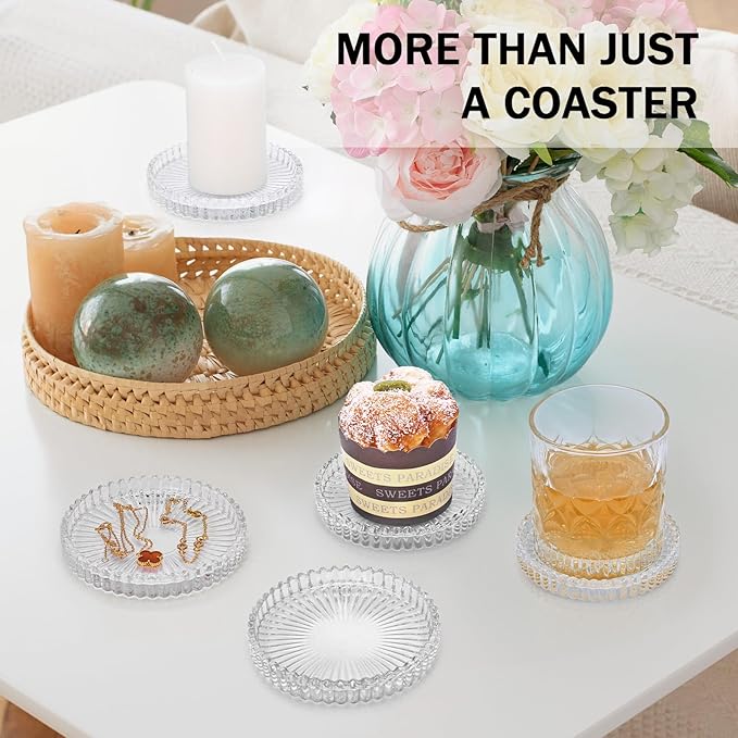 Vintage Glass Coasters, GOH DODD Set of 8 Crystal Coasters Tabletop Protection for Drinks, Home Decor, Kitchen, Living Room, Patio, Wedding, Party, Housewarming Gifts, Clear