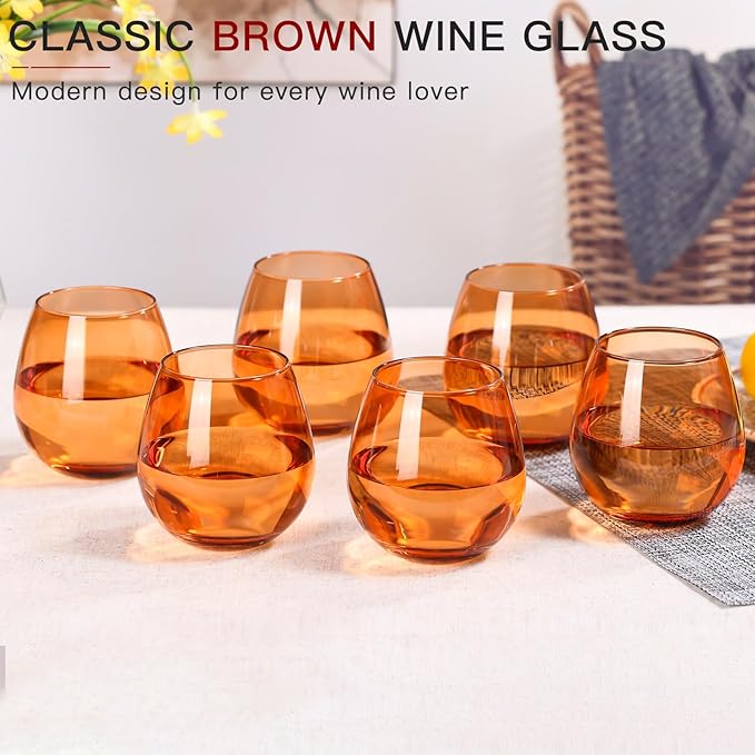 Brown Stemless Wine Glasses Set of 6-15 oz -Modern Hand-Blown Wine Glasses, European Design Crystal Glass For Red & White Wine, Unique Gifts for Wedding, Birthday