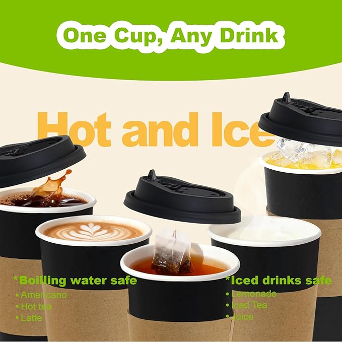 100 Pack 16 oz Disposable Coffee Cups with Lids and Sleeves, To Go Coffee Cups with Lids, Leak-Proof Hot Coffee Cups, PLA Black Paper Coffee Cups for Hot Beverage