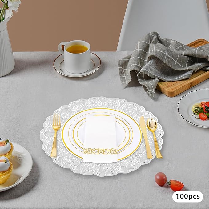 100 Pcs Antique Charger Plates Bulk, 13in Reusable Serving Plates Embossed Rim Plastic Party Dinner Plate Chargers Round Decorative Server Plate for Wedding Party Event Tableware