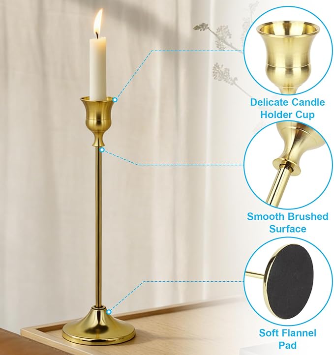 3PCS Candlestick Holders, Brass Gold Taper Candle Holders, Metal Vintage Candle Stick Holders for Table and Mantel Decorations, Home Decor Centerpieces for Dinning, Wedding and Party