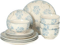 Gibson Home Admiral Hall 12-Piece Matte Stoneware Dinnerware Set – Dinner Plates, Salad Plates & Bowls with Blue Floral Pattern, Durable Everyday Dish Set, Microwave & Dishwasher Safe