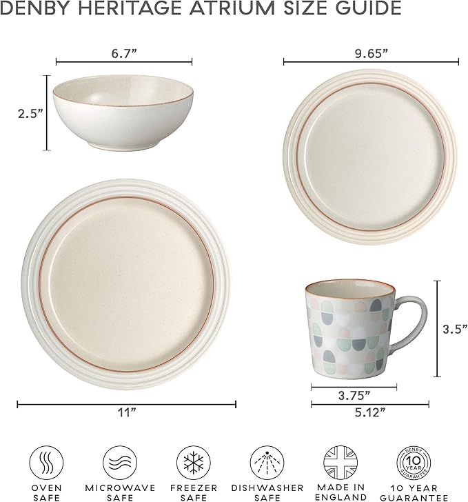 Denby - Heritage Atrium Medium Plates Set of 4-8.8in Natural Ceramic Stoneware Tableware - Dishwasher & Microwave Safe - Scratch & Chip Resistant Dinner, Lunch, Salad Plates For Everyday Use