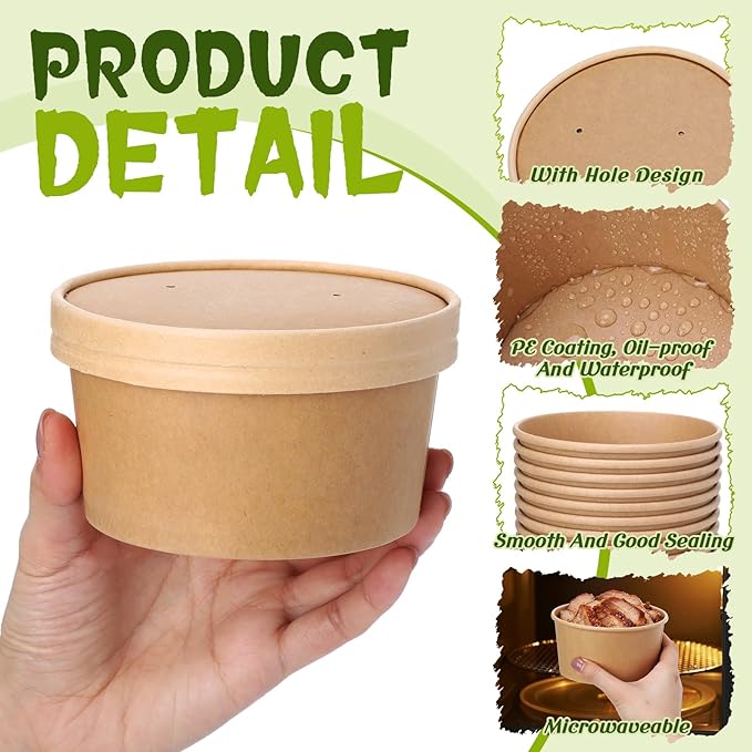 Fulmoon 100 Pack Paper Soup Containers with Lids Disposable Paper Food Containers with Vented Lid Kraft Ice Cream Cake Dessert Cups Soup Bowl for Party Hot Food Fruit Microwave(15 oz,Brown)