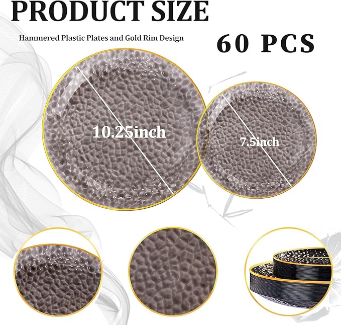 Rubtlamp 60Pcs Black Plastic Plates, Black Disposable Plates With Gold Rim, Clear Heavy-duty Party Plates, Hammered Plastic plates Include 30 Dessert Platos, 30 Dinner Platos for Party