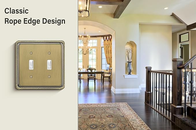 Henne Bery Rope Edge Decorative Wall Plate Switch Plate Outlet Cover (Double Toggle, Antique Brass)