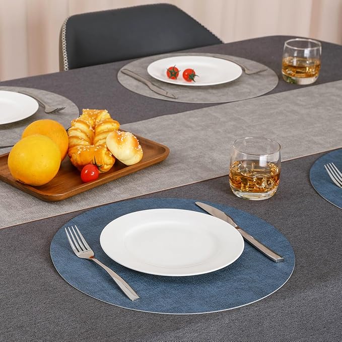 Myir JUN Reversible Vinyl Round Placemats Set of 6, Faux Leather Place Mats Dual Sided Waterproof Wipeable, Heat-Resistant Table Mats for Kitchen Dining Indoor Outdoor (14", Light Gray Navy Blue)