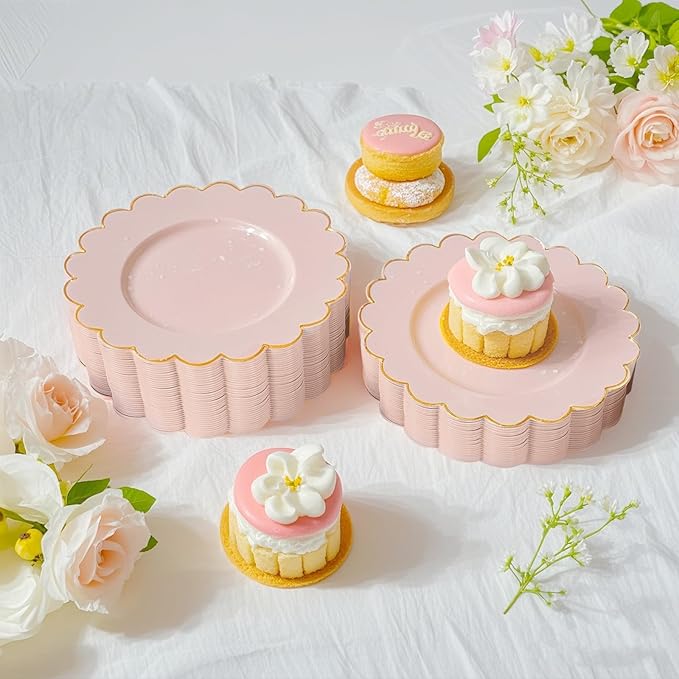 LIYH 100 Pcs 7.5" Pink Plastic Plates with Gold Disposable Pink Dessert Plates Gold Plastic Plate,Baby Shower Plate Set Suitable for Weddings Bridal Showers Afternoon Tea Valentine's Day Mother's Day
