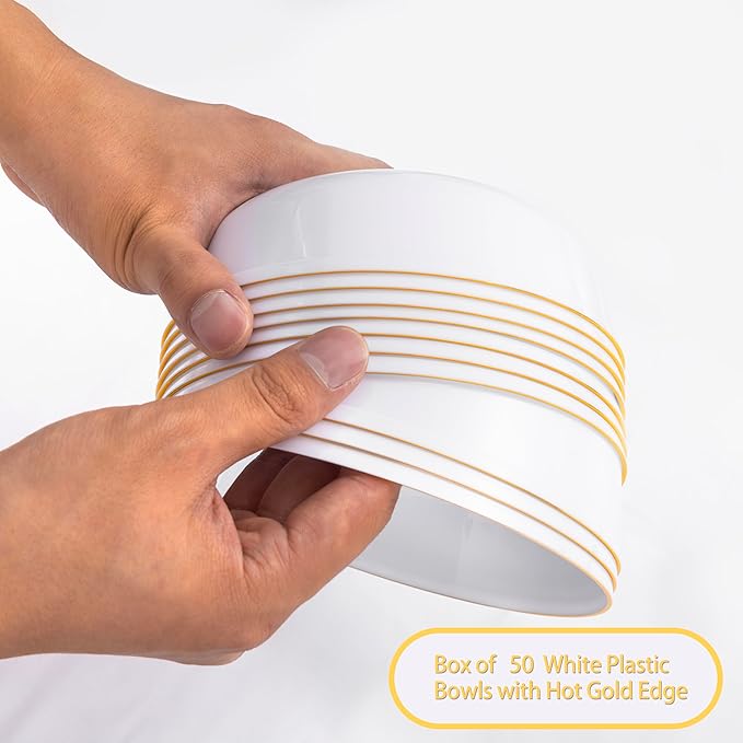 I00000 50 Pack White Plastic Bowls with Gold Rim,16 oz Disposable Soup Bowls,Premium Heavy Plastic Serving Bowls Ideal for Wedding & Party