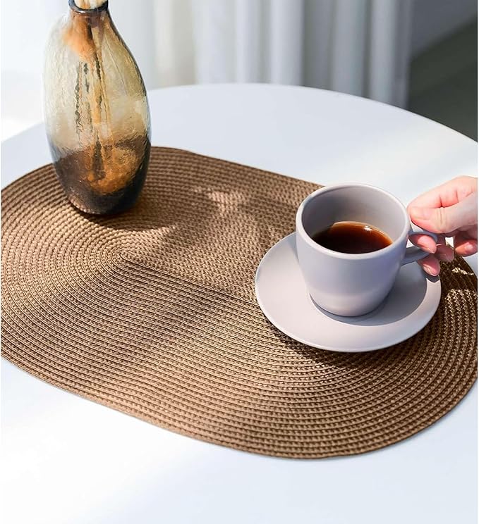 FunWheat Oval Braided Placemats Set of 6 Table Mats for Dining Tables Washable Heat Resistant Place Mats for Indoor Outdoor Use 12 x18 Inch(Oval Light Brown, 6pcs)
