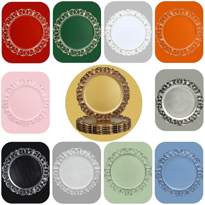 Green Charger Plates Set of 6, Decorative Table Plastic Chargers for Dinner Plates, Party, Wedding, Thanksgiving, Christmas, FD2GR