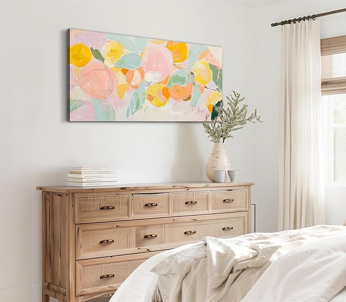 ADJUVANT Wall Art Impressionist Colorful Floral 40"L x 20"W, Bright Blooms With Pastel Leaves Canvas Painting Lively Petals Artwork Prints Floral Wall Decor for Living Room Bedroom Dining Room Home Office