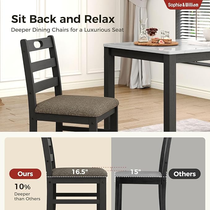 Sophia & William 5 Piece Dining Table Set for 4, Faux Marble Kitchen Table and Chairs Set, Solid Wood Farmhouse Dinner Table Set,Venatino White Marble & Black