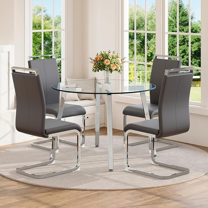 42" Round Glass Dining Table Set for 4,Modern Breakfast Table Set for 4 with Silver Chrome Legs,Space Saving Kitchen Table and Grey Chairs for Apartment,Easy Assembly