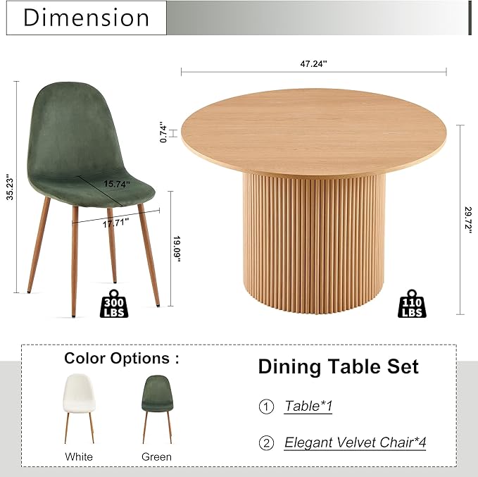 Dining Table Set for 4, Mid Century Modern 47 Inch Wooden Round Dining Table Set, Space Saving (Table + 4 Green Chairs)