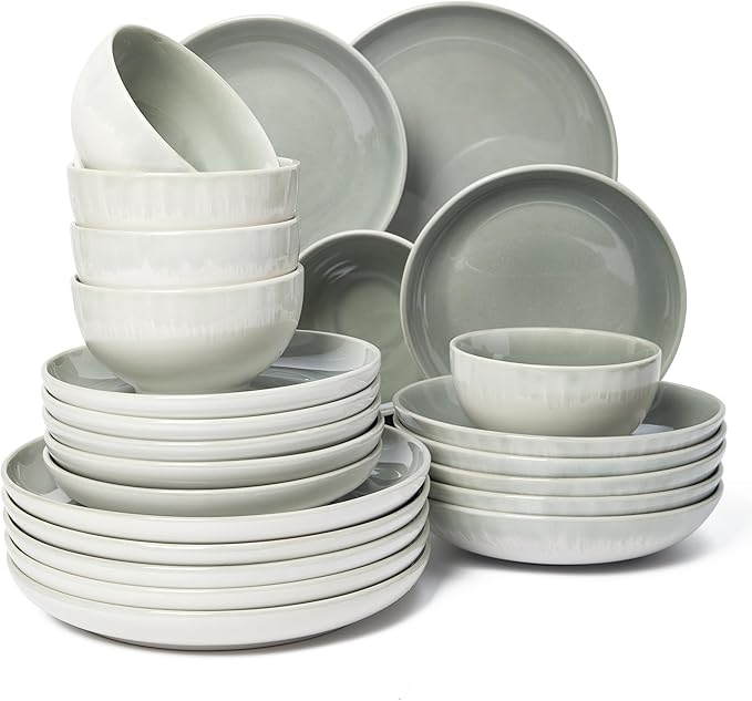 24 Piece Double Bowl Dinnerware Sets with Pasta Bowls, Highly Chip and Crack Resistant Plates and Bowls Sets, Natural Earthyware Ceramic Dishware Sets, Service for 6 Gradient Green