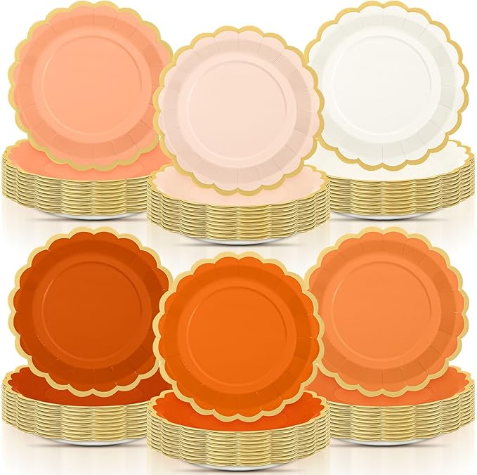 96 Pcs Beige-orange Peach Fall Paper Plates 9 Inch Gradient Scalloped Paper Disposable Dinner Dessert Plates for Birthday Wedding Bridal Party Supplies, 6 Colors