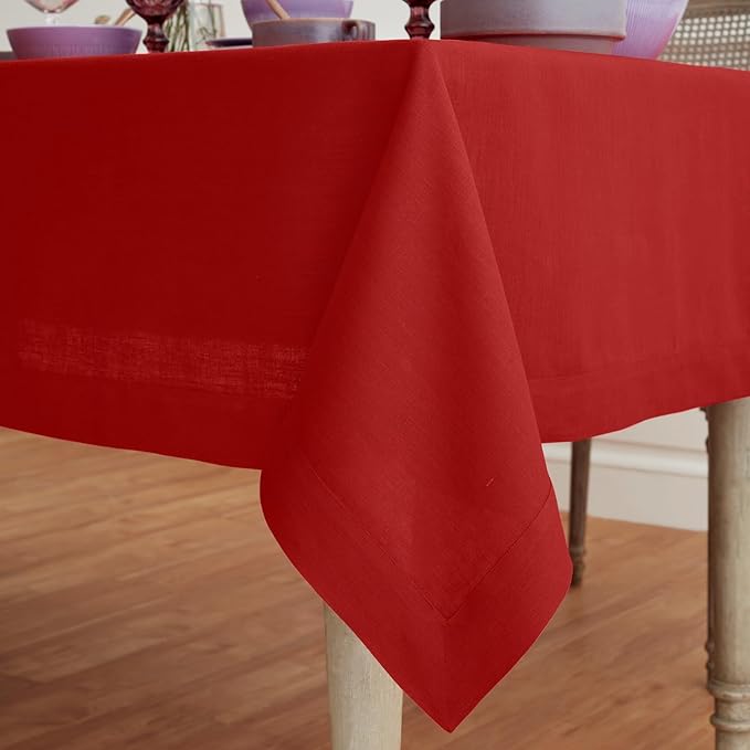 Solino Home Linen Red Tablecloth 60 x 120 Inch - 100% Pure Linen Rectangular Tablecloth - Machine Washable Table Cloth for Valentines, Winter - Fete