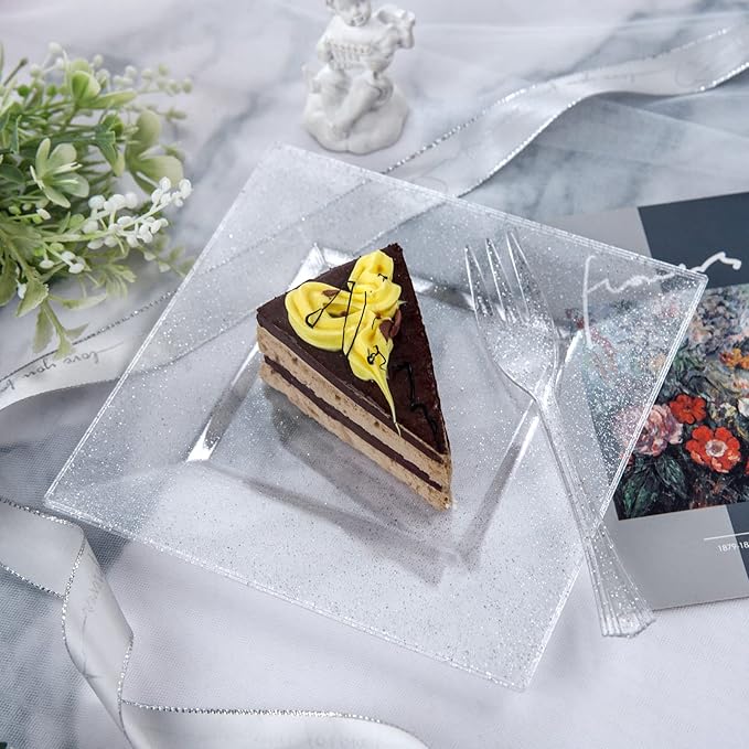 DaYammi 200Pcs Dessert Plates Set Including:100Pcs Cake Plates 6" with 100Pcs Silver Forks 5.7"- Silver Glitter Disposable Square Plate,Appetizer Plates and Forks Combo Bulk Set for Party Wedding