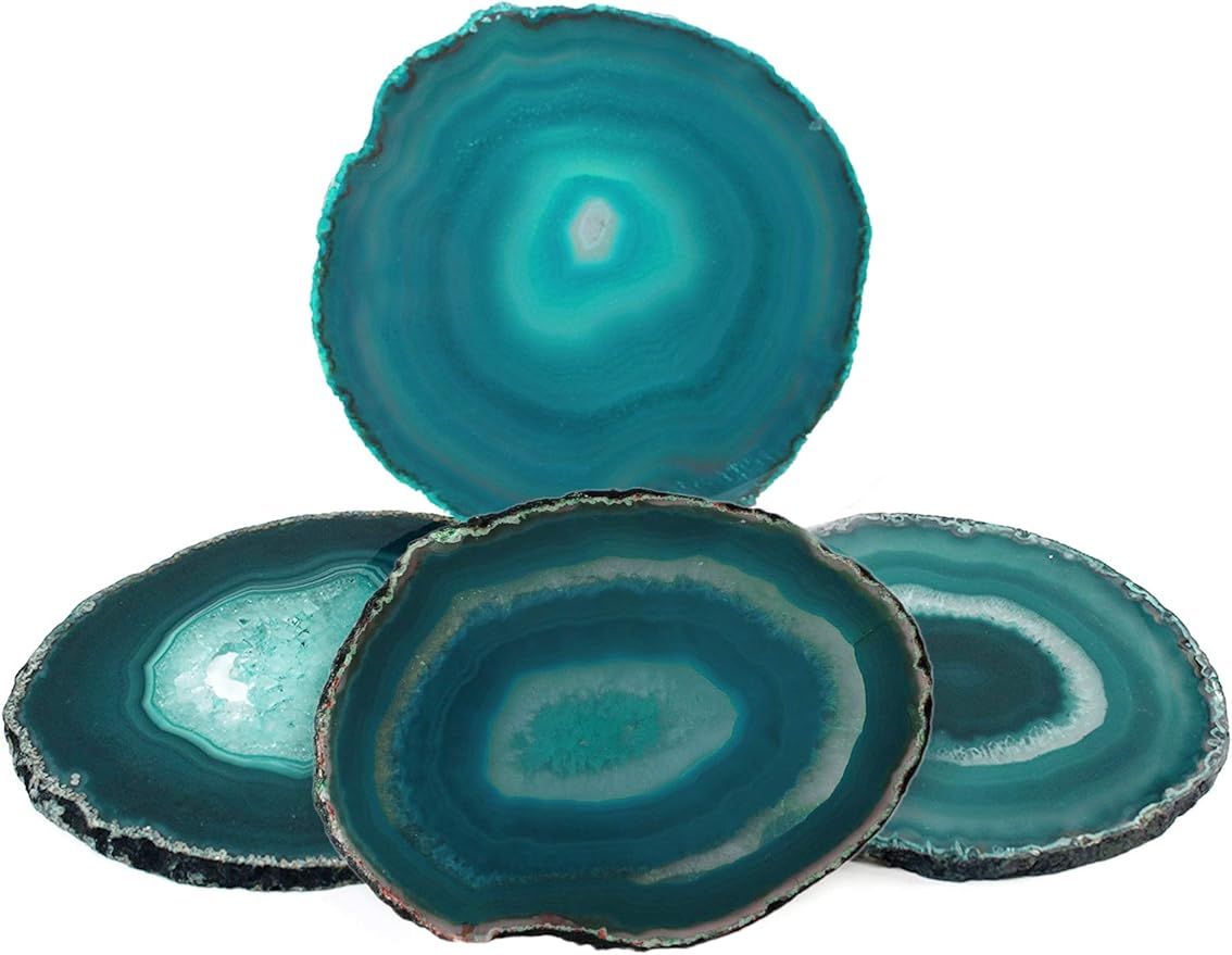 AMOYSTONE Teal Agate Coasters Set of 4, 3.5-4 Inch Large Stone Coasters, Heat Resistant & Non-Porous, Luxury Drink Accessories for Entertaining, Dinner Party Decor