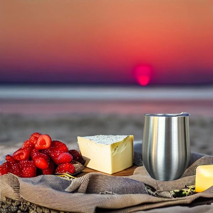 CHILLOUT LIFE 12 oz Stainless Steel Wine Tumblers 2 Pack - Double Wall Vacuum Insulated Wine Glasses Cups with Lids and Straws Set Keeping Cold & Hot for Coffee, Beer, Ice Cream - Dishwasher Safe