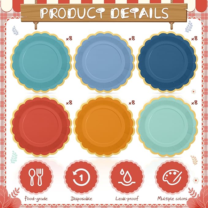 48 Pcs Boho Colorful Paper Plates 9 Inch Gradient Scalloped Paper Plates Disposable Dinner Dessert for Birthday Wedding Bridal Party Supplies, 6 Colors