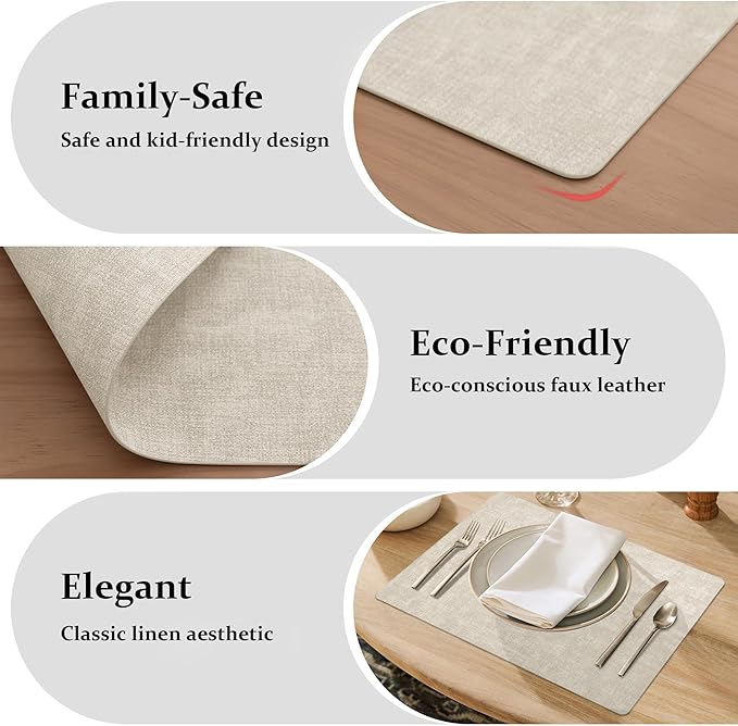 FROMHEART Faux Leather Placemats Set of 8–Waterproof,Heat/Oil Stain-Resistant PU Table Mat–Reversible,Non-Slip,Easy to Clean Place Mats for Kitchen,Dining,Indoor/Outdoor,(Beige,11.8" x 17")
