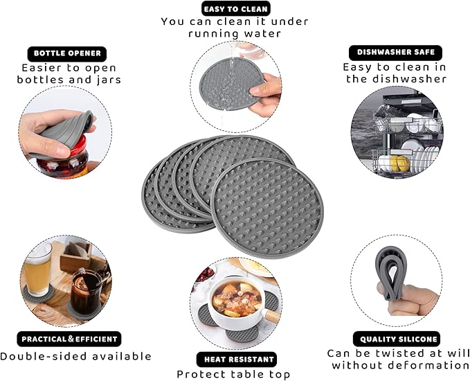 Coasters for Drinks 6 Pack Drinking Coasters with Holder,Heat Resistant Silicone Cup Mat Tabletop Protection,Non-Slip Rubber Coaster for Kinds of Cups (Grey)