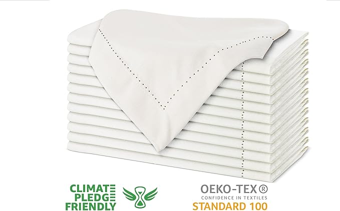 Urban Villa Cloth Napkins Ivory Hemstitch Dinner Napkins Set of 12 (20X20) 100% Cotton Absorbent Washable Durable Reusable Ideal for Hotel Collection Farmhouse Parties Restaurant Lunch Dinner Napkins