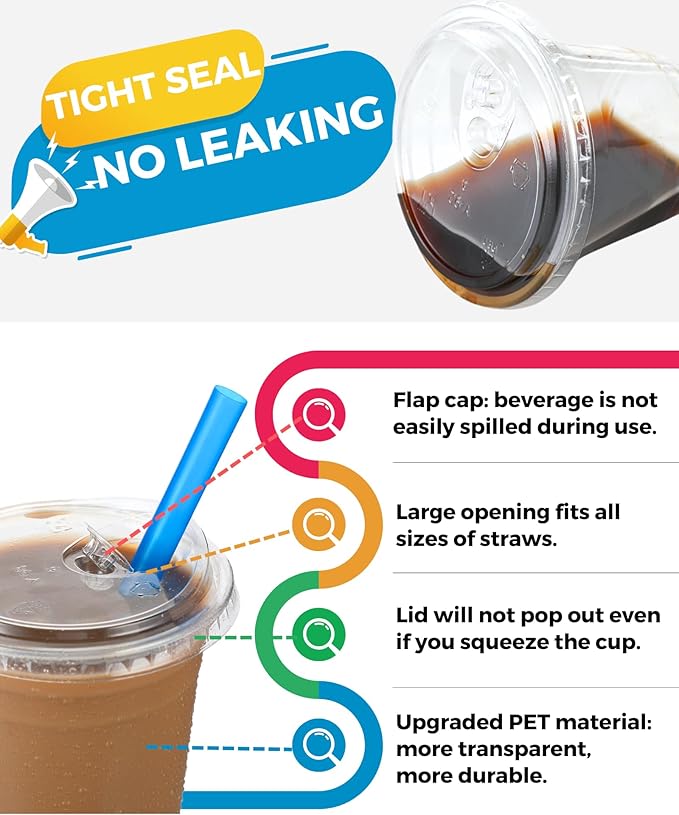 100 Pack 9 oz Clear Plastic Cups with Strawless-Sip-Lids, Disposable Cups Plastic Iced Coffee Cups, To Go Cups with Sip Through Lids for Smoothie, Milkshake, Cold Drinks for Party, Wedding, Event