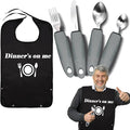 Adaptive Utensils with Adult Bib - 4pcs Weighted Utensils Set (2.5oz Each) for Hand Tremors, Elderly, Parkinson's, Arthritis - Non-Slip Easy Grip Handles for Independent Eating