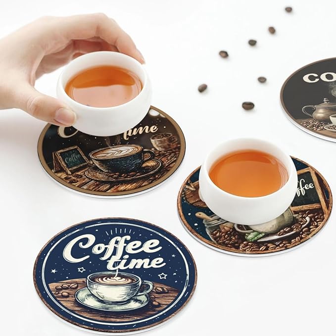 Coffee Coasters for Drinks with Holder Round Leather Coasters Set of 6 Cups Mugs Mat Pad for Home Kitchen Bar