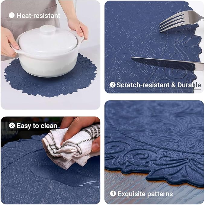 Noctiflorous Round Faux Leather 15 Inch Placemats Set of 6 Waterproof Wipeable Heat Resistant Tablemat for Dining Table Kitchen Non Slip Oilproof Table Place Mat for Indoor Outdoor(A Blue, 6)