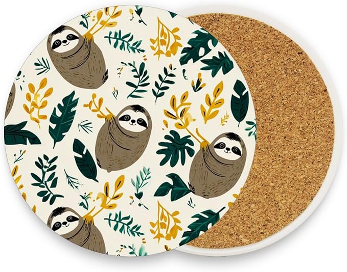 Coasters for Drinks Coaster Drink Set Decorative Coffee Table Desk Cup Mat Spring Cute Cork Bar Backing Round Home Decor Cute Sloths Leaves White16