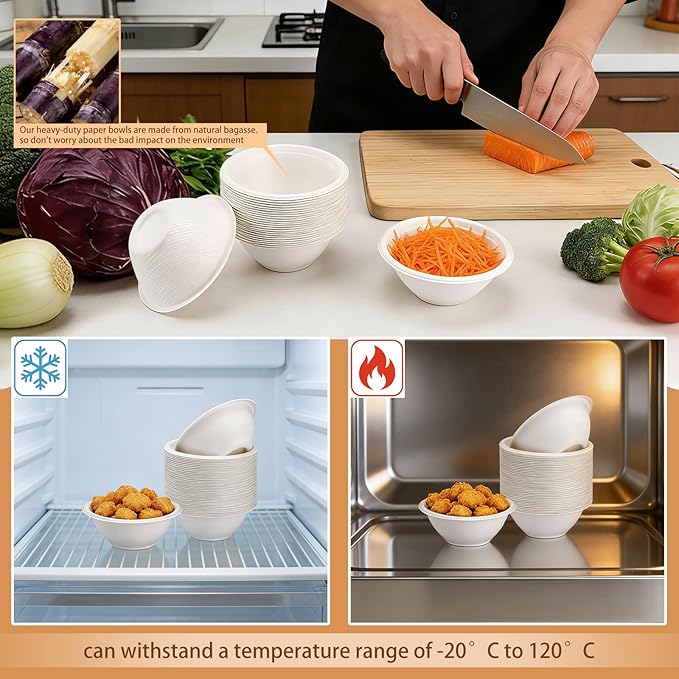 LeonBach 150 Pack 6oz Natural Bagasse Fiber Bowls, Small Disposable Paper Bowls Microwavable Safe Sample Snack Cups Charcuterie Serving Cups for Sauce Portion Condiment Ice Cream Desserts, White