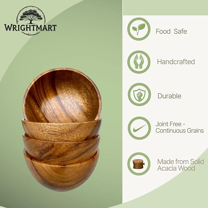 Wooden Bowl Set of 4, Small Acacia Wood Bowls, 5” Diameter, 2.5” Tall, 8 oz Capacity, Handcrafted Bowls for Salad, Snacks, Fruit & Kitchen Gifting