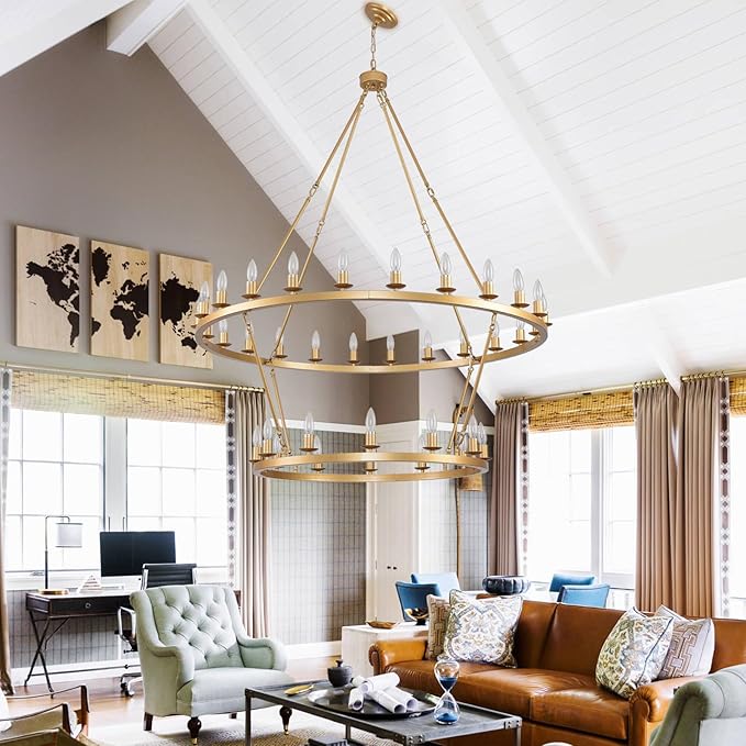 48 Inch 2 Tier Gold Extra Large Wagon Wheel Chandelier 36-Lights Farmhouse Industrial Round High Ceiling Pendant Light Adjustable Chain, for Dining Room, Living Room