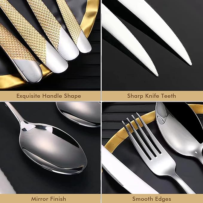 30-Piece Silverware Set, Luxury Gold Silverware Kitchen Flatware Sets Service for 6, Premium Cutlery Utensil Set with Dinner Knife Spoon Fork Set, Durable Stainless Steel Tableware Sets