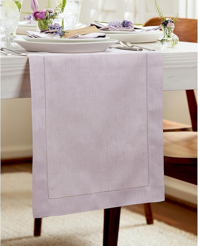 Solino Home Linen Table Runner 60 Inches - 100% Pure Linen Lilac Hemstitch Table Runner 14 x 60 Inch Ideal for Dresser and Coffee Tables, Valentines, Spring, Easter - Classic Hemstitch