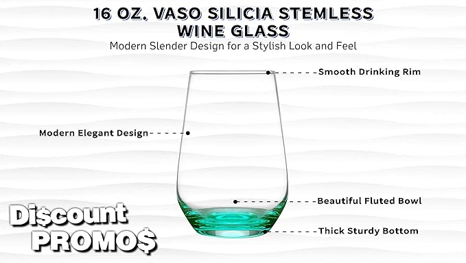 DISCOUNT PROMOS 10 Vaso Silicia Stemless Wine Glasses Set, 16 oz. - Clear, Orb-Like, Thick base - Green