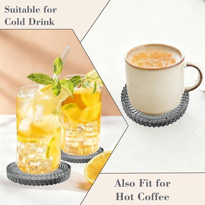 4-Piece Glass Set for Drinks, Round Modern Coasters with Raised Edge Lip, Decorative & Aesthetic for Dining Table, Living Room, Office Desk