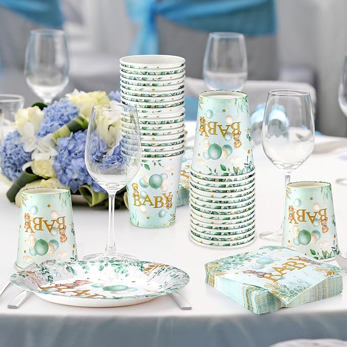 200 Pieces Party Supplies Tableware Set Patterns Printed Plates Napkins Cups Table Decorations for Baby Shower Birthday Party (Bear)
