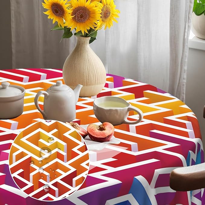 Laeacco 24 Inch Maze Round Tablecloth Colorful Labyrinth Texture Modern Geometric Abstract Art Print Table Cloth Washable Waterproof Wrinkle Free Table Cover for Kitchen Dining Picnic Party Decor
